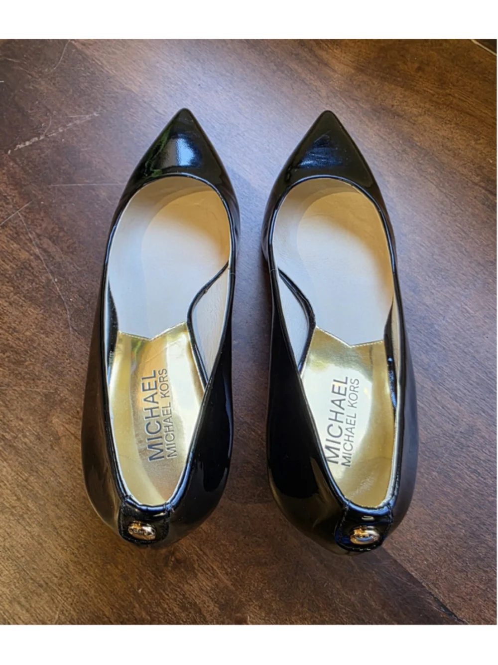 Michael Kors Black Patent Leather Pointed Toe MK Flex Kitten Heel Sz 7